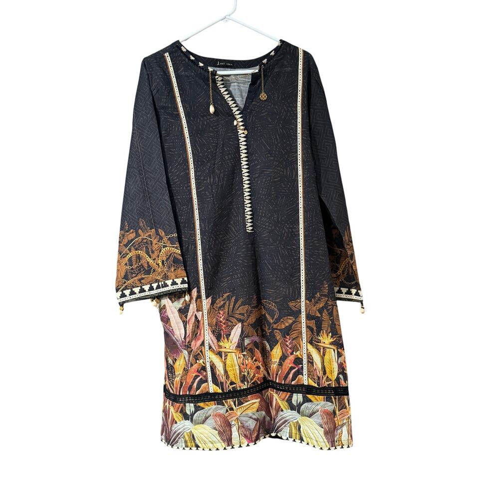J. Pret by Junaid Jamshed Black Printed Kurta Lawn Tunic Size L Ethnic Pakistan
